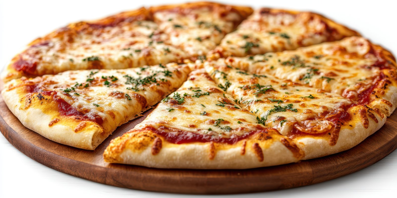 Delicious cheese pizza with herbs on a wooden board ready to be served and enjoyed